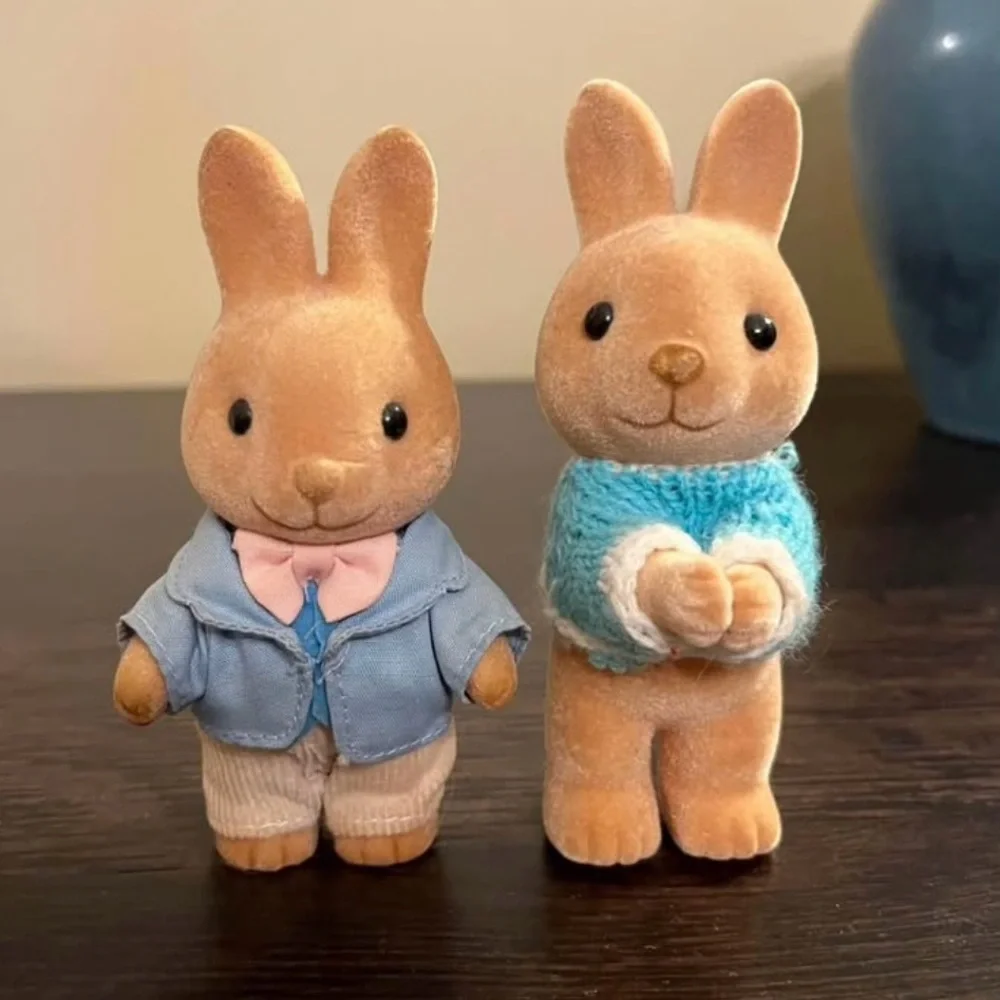 Vintage Easter Adorable Dressed Bunnies Flocked Made By RUSS Berrie Easter